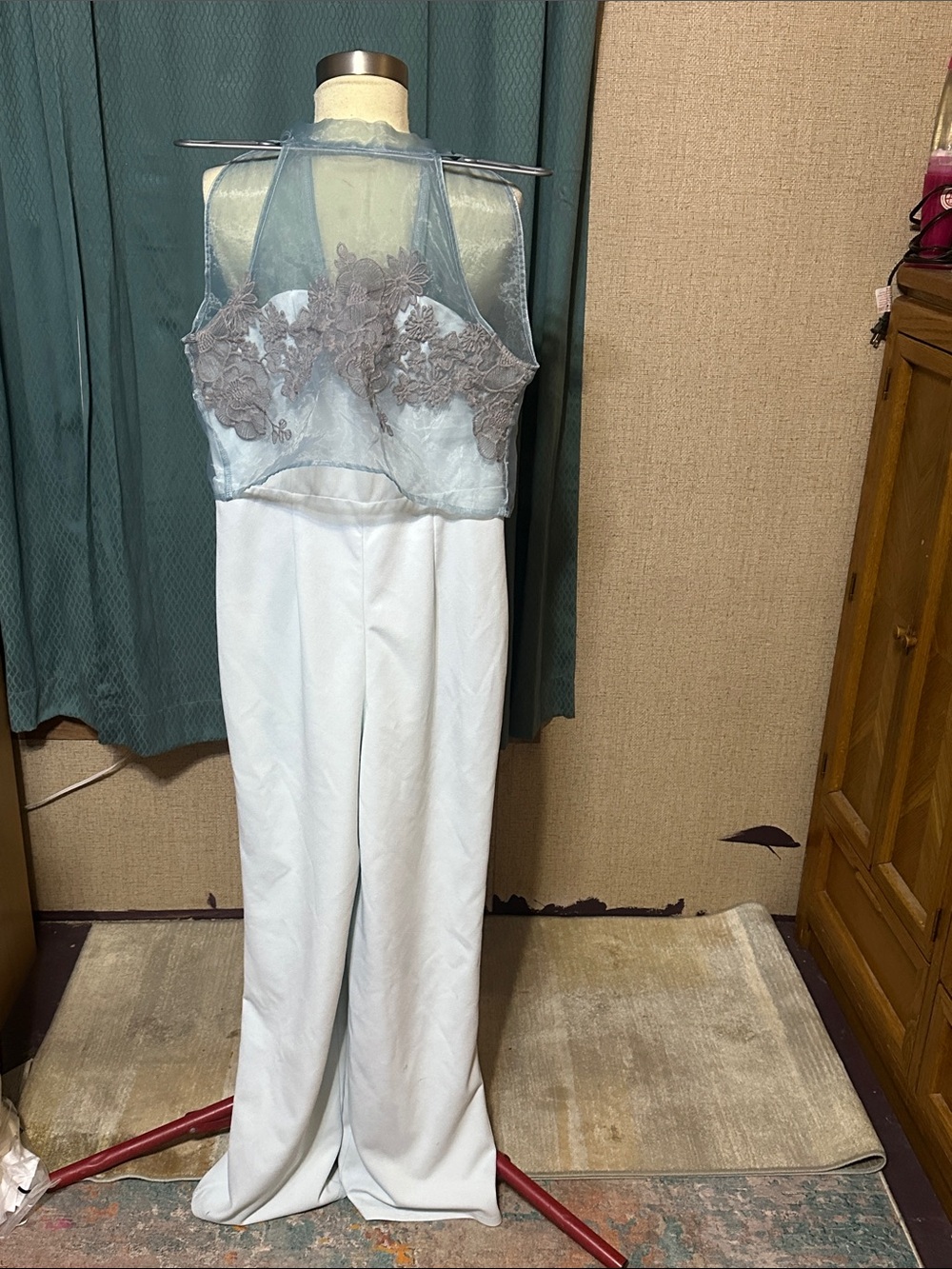 Lulus: Sheer Halter Jumpsuit in Pale Blue with grey Embordery floral